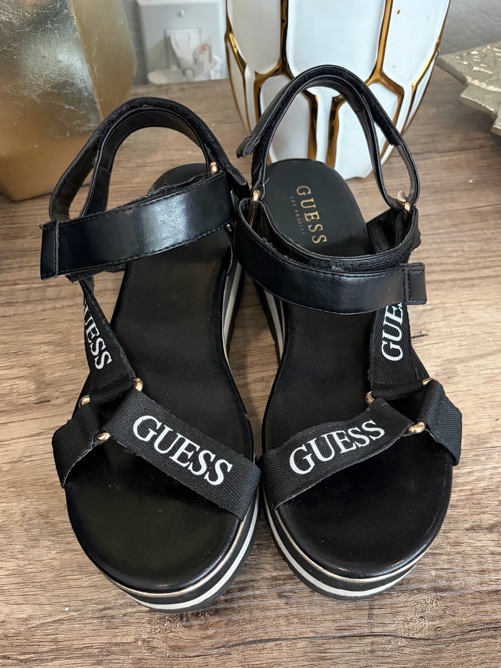 GUESS Black Platform Logo Strap Sandals